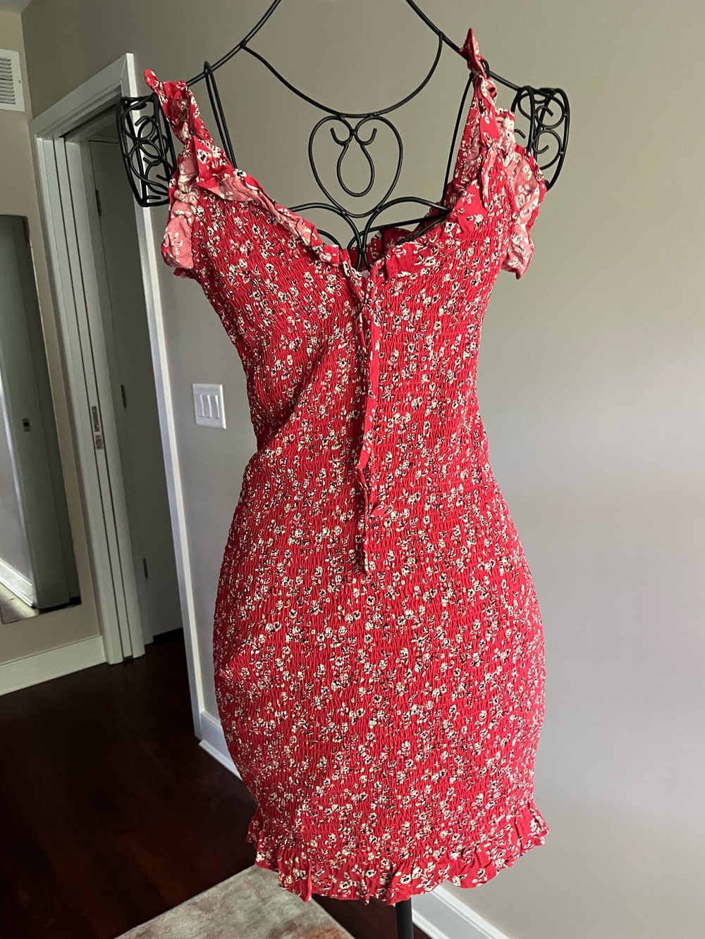 Cute Red tank dress with elastic texture and ruffle detail
